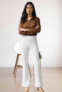 Pantalon Évasé Blanc Élégant Taille Haute Élastique Longueur Intégrale Couleur Unie pour Femme Coupe Droite Anti-Plis Printemps - Product Image 4