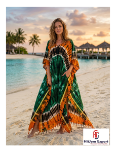 Vestido Kaftán Tie Dye para Mujer, Cuello Redondo, Holgado, Largo hasta el Suelo, Manga Corta, Estilo Bohemio, para Playa, Verano, con Borlas, Chifón, 100% Poliéster, OEM, ODM - Product Image 1