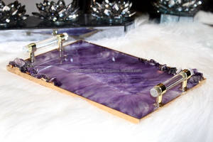 Plateau de service en résine acrylique époxy sculptée décorative galvanisée avec poignées en métal pour table de cuisine - Product Image 2