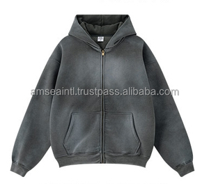 Sweat à capuche zippé surdimensionné pour homme, style vintage, délavé à l'acide, à manches longues - Product Image 3
