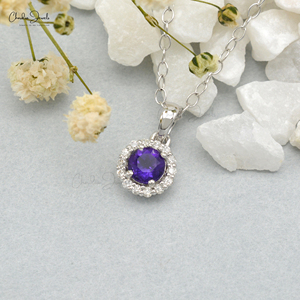 Ready to Ship <b>Pendant</b> Natural 4mm Round Cut Amethyst Gemstone Halo <b>Pendant</b> in 14k <b>Solid</b> White <b>Gold</b> Diamond <b>Pendant</b> Jewelry - Product Image 4