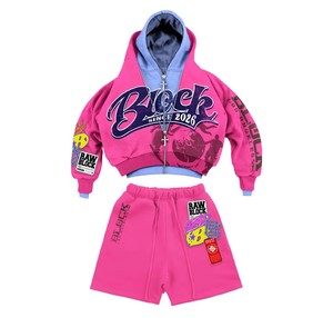 Conjunto de Sudadera con Capucha Oversize y Pantalón Corto con Cremallera, Bordado de Apliques Personalizados y Pedrería, Estilo Vintage Desgastado, Lavado Ácido, de Felpa Francesa - Product Image 4