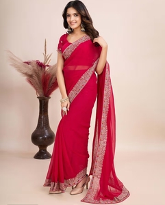KV <b>Red</b> Embroidered Pre-Draped <b>Saree</b> With Unstitched Blouse - Product Image 3