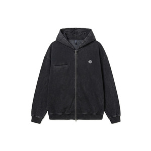 เสื้อฮู้ดดี้ผู้ชายผ้าฝ้ายฟลีซสีดำล้างสี ซิปหน้า ทรงโอเวอร์ไซส์ มีกระเป๋าหน้าอก สไตล์สตรีทแวร์ รับผลิตตามสั่ง - Product Image 4