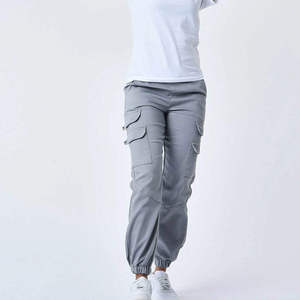 Pantalon cargo gris pour femme, taille mi-haute, élastique, longueur cheville, décontracté, couleur unie, avec poches, style printemps, en coton - Product Image 4