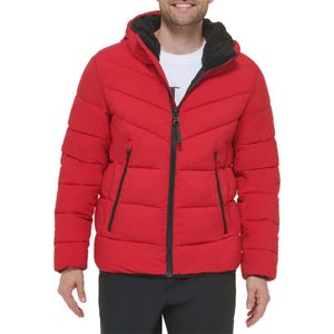 Veste matelassée à capuche rouge pour homme, en cuir véritable écologique, manteau d'hiver décontracté, fermeture éclair, couleur unie, doublure en polyester - Product Image 6