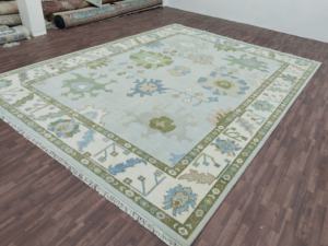 Compre una alfombra estilo Oushak floral vintage anudada a mano |   Alfombra Decorativa Hecha a Mano de Lana Verde Azul Pastel para Sala de Estar - Product Image 3