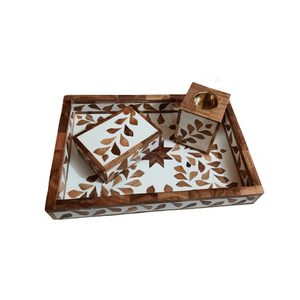 Handcrafted Wooden Arabic Incense Burner Set With Elegant Floral Leaf Inlay, <b>Matching</b> Tray, Storage <b>Box</b> And Brass Cup Accent - Product Image 4