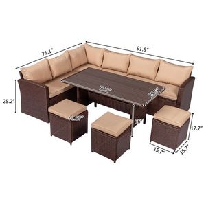 8-Piece Brown Wood Grain Outdoor Rattan Dining Set with Khaki Cushions & Plastic Wood Surface Garden Furniture - Product Image 6