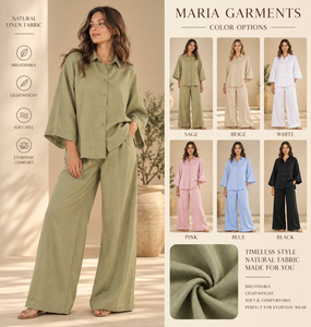 Ensemble 2 pièces style vacances le plus vendu - Blouse boutonnée vert olive et pantalon décontracté à jambes larges en lin/coton respirant - Vente en gros - Product Image 4