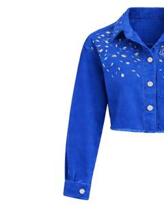 Chaqueta Vaquera Corta Azul Rey Personalizada para Mujer con Botones en los Hombros Adornados con Pedrería, Manga Larga, a la Moda - Product Image 5