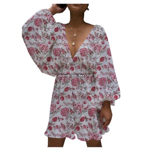 Nuevo Vestido Casual de Algodón Natural con Estampado y Cuello en V Profundo para Mujer, Estilo Europeo Americano, Verano 2026 - Product Image 2