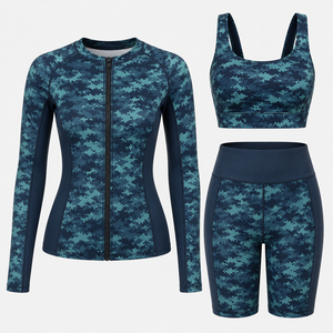 Ensemble Rash Guard Camouflage Numérique pour Femme : Haut Zippé à Manches Longues, Brassière de Sport et Short Cycliste Séchage Rapide en Spandex et Polyester - Product Image 4