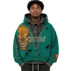 Sweat à capuche zippé double couche pour homme, motif crâne DTG, strass vieillis, vert, streetwear, sweats personnalisés - Product Image 2