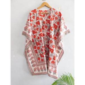 ชุดเดรสผ้าฝ้ายสไตล์โบฮีเมียน งานแฮนด์เมด พิมพ์ลายบล็อก คอวี แขนทรงปีกค้างคาว ทรงหลวม สวมคลุมชายหาด ชุดเที่ยวทะเลฤดูร้อน ลายดอกไม้ - Product Image 4