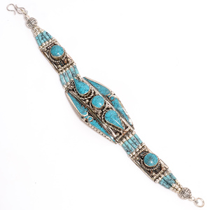 Bracelet ethnique tibétain en argent, Turquoise et corail, bijoux faits à la main, 5mm - Product Image 2