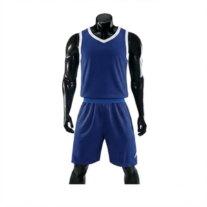 Men's Blue Basketball Jersey Set Sleeveless V-Neck Moisture Wicking 100% <b>Polyester</b> Elastic Waist Shorts Regular Fit - Product Image 1