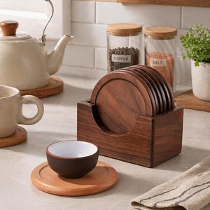 Customized Round Wooden Cup Coasters Set with Holder Eco-Friendly Classic Design <b>Table</b> Decor for Tea/Coffee <b>Tables</b> - Product Image 2