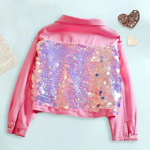 Custom <b>Sequin</b> Patches Girls Denim <b>Jacket</b> Short Style Kids Denim <b>Jacket</b> for 2-12 Years Made in China - Product Image 1