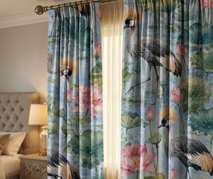 Designer Lotus And Crane Nature <b>Curtain</b> Velvet Or Blackout Art Nouveau Window Each Panel Premium Fabric Drapes for Living Room - Product Image 3
