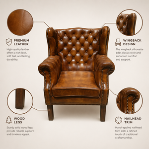 Fauteuil haut dossier en cuir véritable de qualité supérieure, coussin moelleux, structure en bois robuste, confort optimal pour salon, appartement, extérieur - Product Image 4