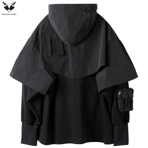 Sweat-shirt fonctionnel imperméable de style urbain avec capuche amovible et poches cargo, noir, Techwear - Product Image 2