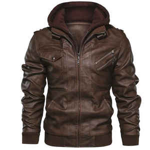 Veste à capuche en cuir PU noir pour homme avec col en fourrure, fermeture éclair, vêtements d'extérieur d'hiver, style motard, coupe ajustée - Product Image 4