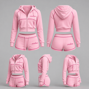 Ensemble de survêtement rose pour femme, deux pièces personnalisées, avec crop top zippé et short, vêtements de sport, fournisseur OEM - Product Image 5