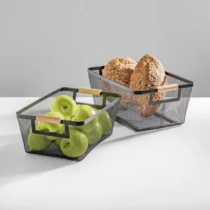 Cestas de Almacenamiento de Alambre Metálico, Contenedores de Malla para Despensa con Asas de Madera, Organizador de Cocina, Contenedores Utilitarios para Frutas y Aperitivos - Product Image 1