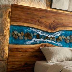 Tête de lit en résine époxy Ocean Wave |   Bois et pierre naturels - Product Image 1