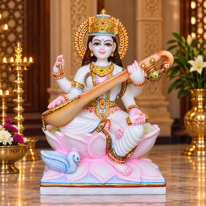 Murti de Mármol Saraswati Mata para Templo y Hogar |   Estatua de Saraswati en Mármol Blanco |   Ídolo de Saraswati Hecho a Mano - Product Image 1