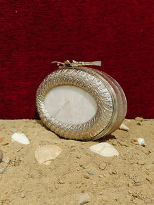 Indian Handcrafted Brass Oval Clutch with Engraved Frame Mother Pearl Inlay Luxury Evening Wedding Party Handbag - Product Image 3