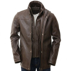 Chaqueta de Moto para Hombre de Cuero Genuino Marrón, Cuello Alto, Cierre de Cremallera, Corte Regular, Estilo Urbano para Invierno - Product Image 2