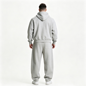 Conjunto Deportivo Informal Premium Moderno en Gris Claro, Holgado y Transpirable, con Sudadera con Cremallera Completa y Pantalones Deportivos Anchos con Cordón Ajustable, Dos Piezas - Product Image 3