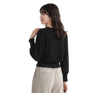 Women's Korean Solid <b>Long</b> Sleeve Blouse Neck Smocked Waist Cuffs Elegant Loose Fit Casual Office Wear Fashion <b>Top</b> - Product Image 2