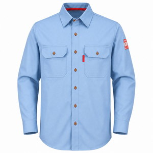 Men's Light Blue <b>Flame</b> Retardant Work <b>Shirt</b> Long Sleeve Cotton Uniform With Chest Pockets And Red Label Detail - Product Image 3