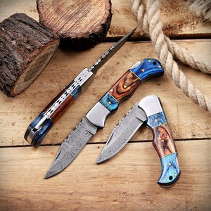 Couteau de poche pliant à verrouillage en acier Damas de qualité industrielle UA Supplies, manche en bois personnalisé OEM, couteau de chasse EDC pour l'extérieur - Product Image 4