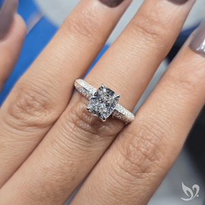 Micro pave band 2 CT elongated <b>cushion</b> lab grown diamond <b>ring</b> in 10K white gold IGI certified modern engagement <b>ring</b> - Product Image 5