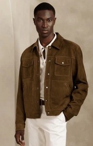 Men's Dark Brown <b>Suede</b> <b>Leather</b> Trucker <b>Jacket</b> - Product Image 1