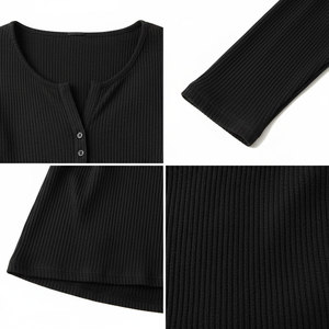 Women's Ribbed Henley Long Sleeve <b>Top</b> Snap Button Notch Neck Slim Fit Stretch Knit Custom OEM Wholesale Factory Price - Product Image 5