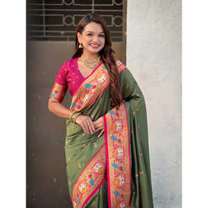 Sari Paithani de Seda Suave Verde Mehandi de Elite Weaves, Ropa India y Pakistaní, 650g - Product Image 5