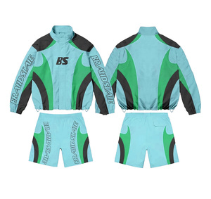 Ensemble de survêtement coupe-vent personnalisé en polyester et nylon, avec short de jogging vierge et veste zippée brodée, coupe-vent et résistant au vent - Product Image 6
