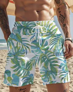 Men's Tropical Leaf Print Board Shorts Eco-Friendly Breathable Quick Dry Elastic Waist Casual Swim Trunks for Beach Summer - Product Image 5