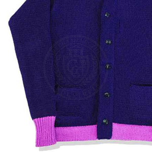 Cardigan en acrylique violet pour homme avec bordure rose, col en V, fermeture boutonnée, manches longues, pull pour homme, style collège et université - Product Image 6