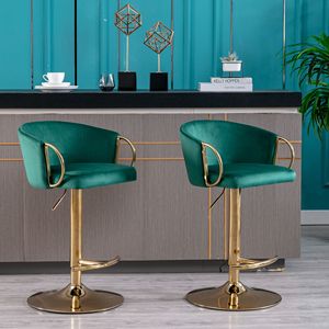 Ensemble de 2 tabourets de bar verts repose-pieds chromés hauteur pivotante réglable levage mécanique velours Simple velours + tabouret de bar jambe dorée - Product Image 5