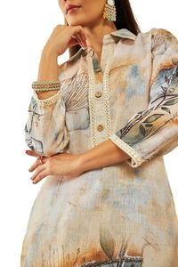 Women's Beige Poly <b>Linen</b> Abstract Print 2 <b>Piece</b> Long Co-Ord Set with Faux Mirror Elegant - Product Image 2