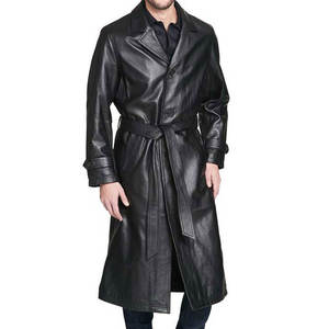 Manteau trench long en cuir véritable noir pour femme, ceinturé, col à revers, coupe-vent, vêtement d'extérieur pour l'hiver - Product Image 1