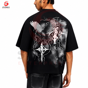 เสื้อยืดโอเวอร์ไซส์สีดำสำหรับผู้ชาย เสื้อยืดเนื้อหนาพิมพ์ลาย DTF ทรงหลวมสบายๆ สไตล์ลำลอง - Product Image 3