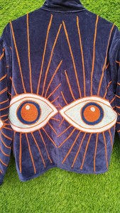 Chaqueta de terciopelo azul marino con bordado de ojo turco y aplique de rayos de sol naranja, estilo bohemio, manga larga, prenda exterior artesanal para mujer - Product Image 3