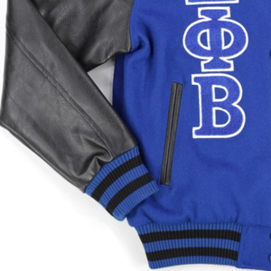 Chaqueta Universitaria de Lana Zeta Phi Beta, Azul Rey, Mangas de Cuero Negro, Letras Griegas Bordadas en Chenilla, Abrigo de la Hermandad - Product Image 4